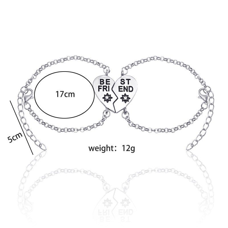 Silver best friends heart split bracelet with English letters and adjustable chain
