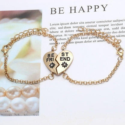 Gold heart-shaped English Letters Best Friends bracelet set with chain links and black gemstone detail