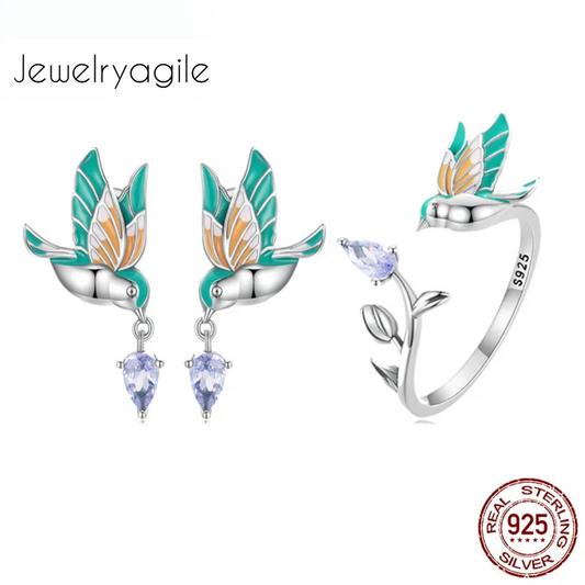Silver Kingfisher Ring and Earrings Jewerly Set  Gift