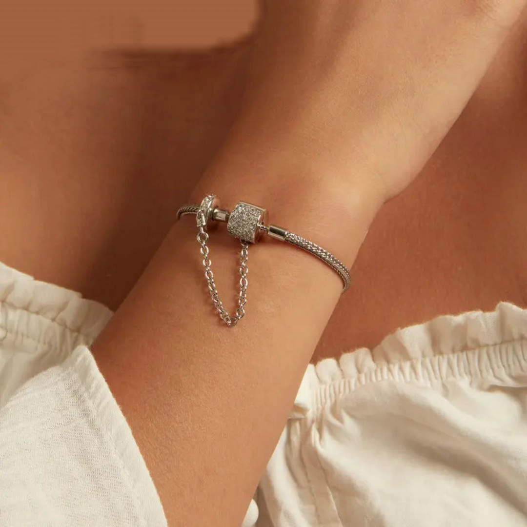 Silver Charm Bracelet with Safty Chain Women Beads and Pendant. - Jewelryagile 