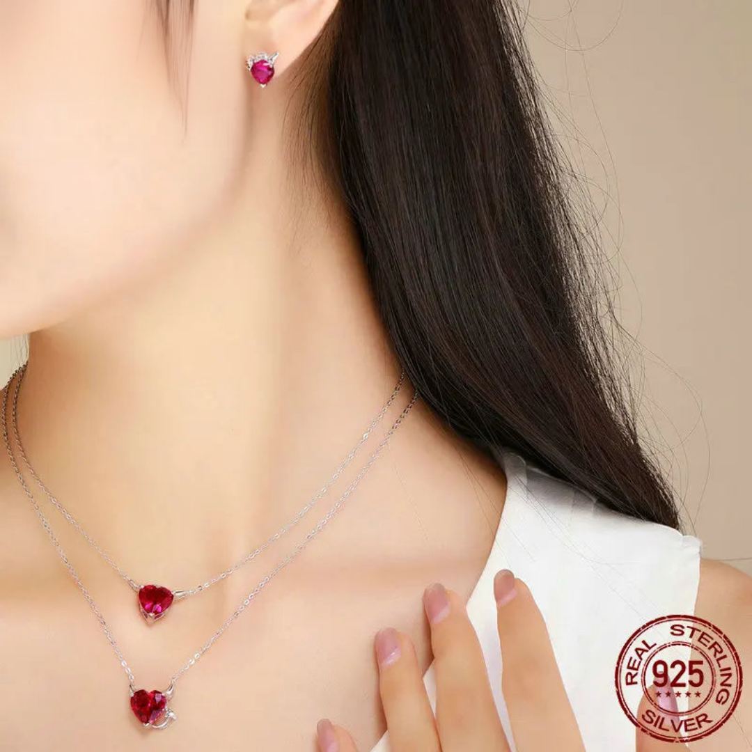 Silver Red Pendant Necklace and Earrings, jewelry set. - Jewelryagile 